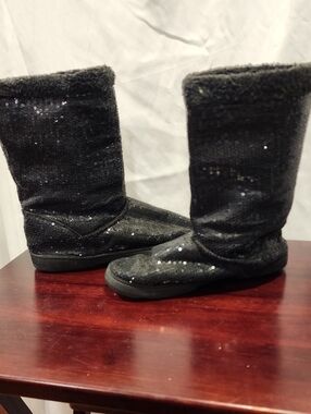 Annabelle Black Sequin Covered Faux Fur Edged Boots Or Slippers